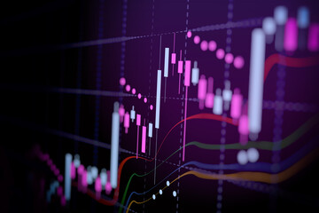Financial graph with up trend line candlestick chart in stock market on neon blue and purple color background
