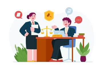 Lawyer concept vector Illustration idea for landing page template, Justice, weights and lawyer hammer symbol, equality and freedom measurement, punishment, social protection.  Hand drawn Flat Style