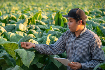 Asian man farmer use tablet on tobacco plantation. agriculture of tobacco on sunset background....