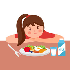 Girl child feel not hungry concept vector illustration on white background. Kids unable to eat. No appetite.