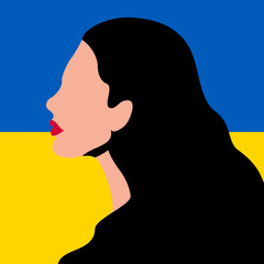 Profil kobiety z czarnymi włosami. Modlitwa za Ukrainę. Kobieca sylwetka na tle ukraińskiej flagi. "Nie" dla wojny.