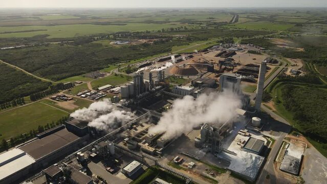 Smoky chimneys of paper mill factory and surrounding landscape, Fray Bentos in Uruguay. Environmental pollution concept. Aerial drone