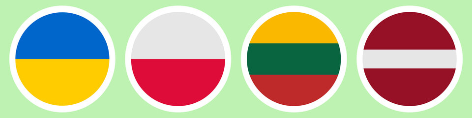 Flags of different countries. A set of stickers on a white backing. Collection of vector icons. Isolated background. Ukraine, Poland, Lithuania, Latvia. National symbol of the state. Political themes.