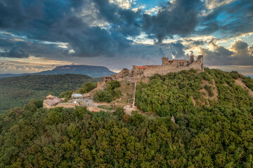 Aerial view of newly restored Szigliget castle near lake Balaton in Veszprem county Hungary, with...