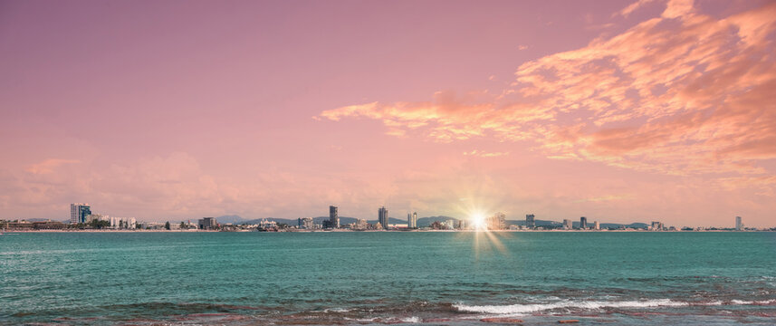 Mexico, panoramic skyline of Mazatlan condos, hotels and Malecon from Deer Island, Isla de Venados.