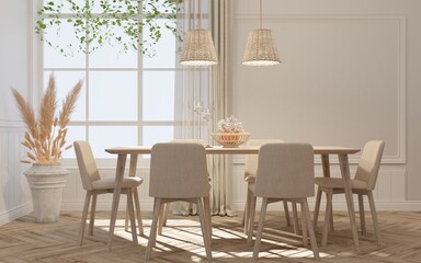 Fototapeta na wymiar Home interior, cozy modern and minimal style and dining set with floor wood and rattan lamp. 3d rendering