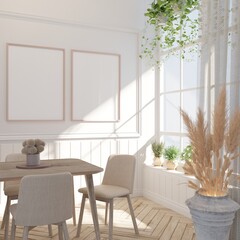 Home mock up interior, cozy modern and minimal style  and dining set with floor wood.3d rendering