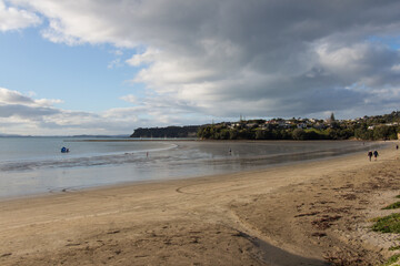 The veiw of picturesque landscape with beach, sea and cloudy sky, Tindalls Beach, New Zealand.