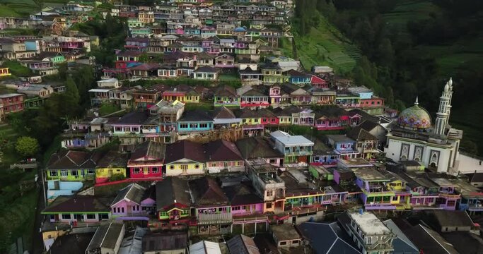 Aerial view showing colorful houses located on Mount Sumbing mountain in small village named Nepal Van Java,Indonesia