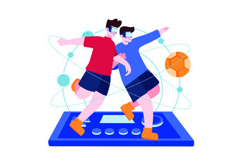 Fototapeta na wymiar Boy playing football using VR Tech illustration concept. Flat illustration isolated on white background