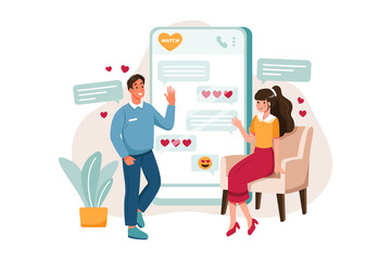 Couple doing virtual date on dating app illustration concept