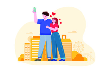 Couple taking a selfie illustration concept. Flat illustration isolated on white background