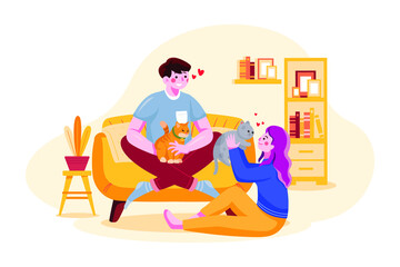 Obraz na płótnie Canvas Couple pampering cat illustration concept. Flat illustration isolated on white background