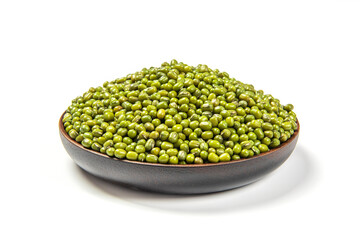 green mung beans in plate isolated on white background.