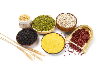 veriety natural organic cereal and grain seed on white background