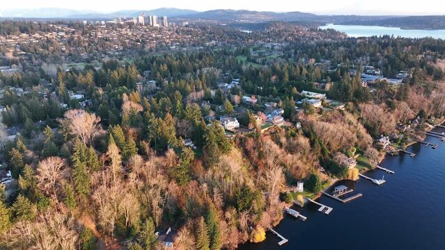 Cinematic 4K Aerial Drone Footage Of Medina, Bellevue, Lake Washington's Most Affluents' Mansions, Luxury Homes, Villas