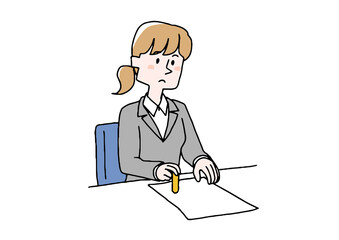 ハンコをついているビジネスウーマン　コミカルな手書きの人物　ベクター、線画にシンプルな色つけ　