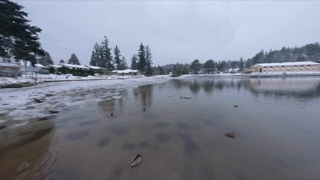 Overview of the Snow-Covered Marina in Sechelt Inlet British Columbia Canada - Fast Moving Panning Drone Shot 1080p 60 frames per second