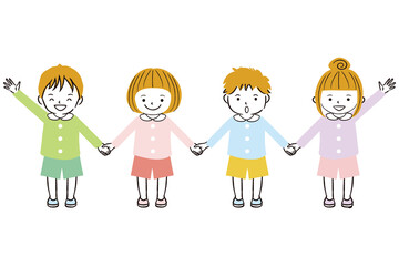 Fototapeta premium 線画カラーイラスト 男の子女の子手をつないでハーイ
