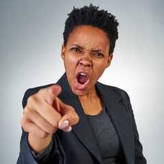 Its all your fault. Portrait of a furious businesswoman yelling and pointing in anger.