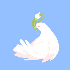 Pigeon with plant flower symbolizing peace. Spiritual human purity and harmony, global international peace day, spreading forgiveness love and devotion cartoon vector illustration