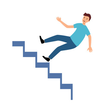 Young man accident falling down stairs in flat design on white background.