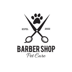 Dog scissors and paw logo design, pet salon dog haircut