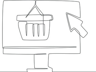 Continuous line drawing of basket online shopping concept with pc computer website store. Vector illustration.