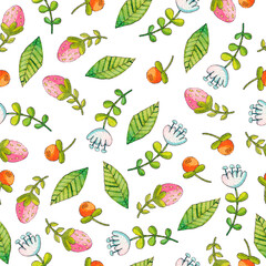Abstract watercolor flowers and leaves. Spring illustration. Pattern on a white background.