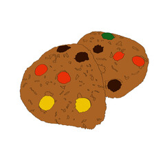 Oatmeal cookies with colored candies vector sketch.