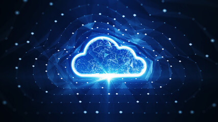 Storage technology concepts transfer data to cloud computing platforms. A large cloud icon stands out in the glowing center and a small cloud icon between polygons connected to a dark blue background.