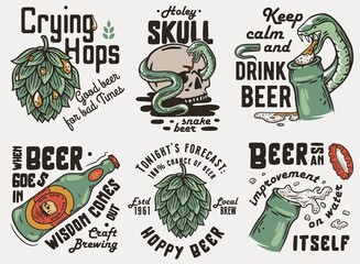 Beer set of bottle and skull with snake and hop for brewery. Brew design with vector hop and bottle cap for alcohol craft bar