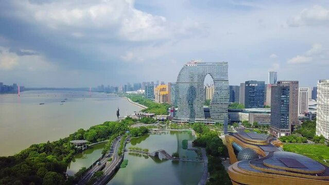 aerial view of modern abstract building in hangzhou binjiang

