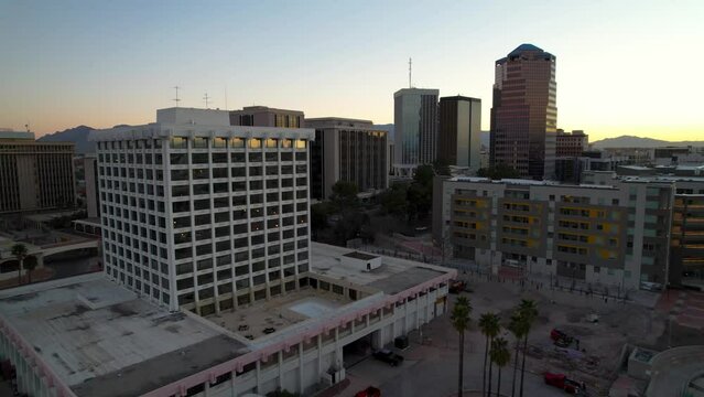 Aerial pullout Tucson Arizona Skyline at Sunrise