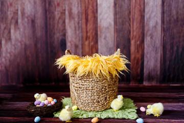 Newborn digital background with wood and easter decorations.
