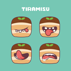 Tiramisu cartoon. vector illustration of italian cake. with different mouth expressions