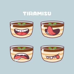 Tiramisu cartoon. vector illustration of italian dessert. with different mouth expressions