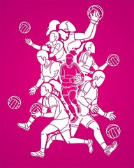 Group of Gaelic Football Female Players Action Cartoon Graphic Vector