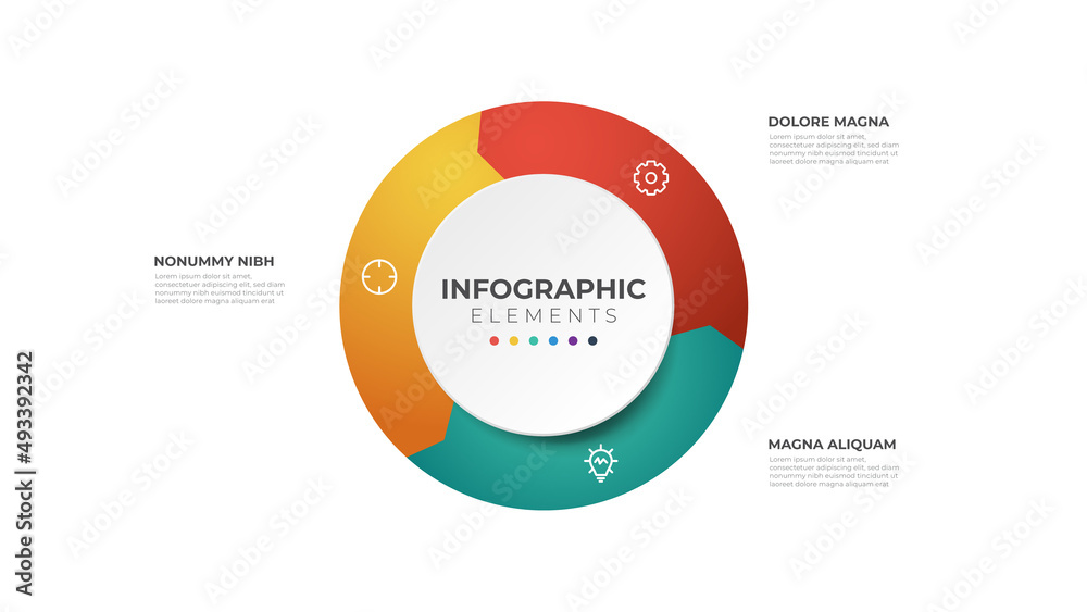Wall mural 3 points circular steps, sequence infographic element template.