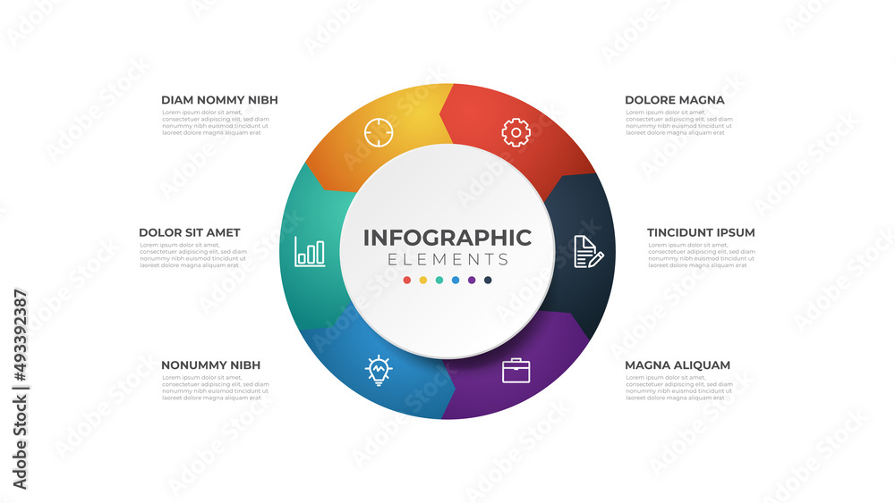 Wall mural 6 points circular steps, sequence infographic element template.