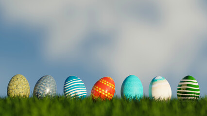 Easter Eggs In Green Grass on a Blue Sky, 3d rendering