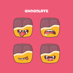 chocolate cartoon. sweet food vector illustration. with different mouth expressions