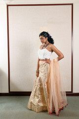 Beautiful young woman wearing modern Indian lehenga hgagra ankle length skirt dress posing home retro vintage