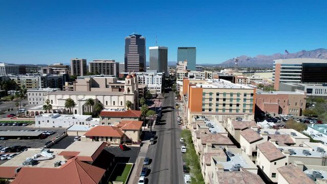 aerial fast push into tucson arizona skyline