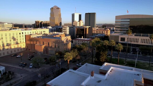 Aerial Sweep over Palms into Tucson Arizona Skyline