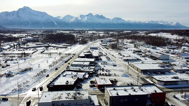 4k 30fps aerial video of downtown Palmer, Alaska