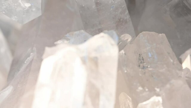 macro footage of large natural quartz crystals beautiful lit