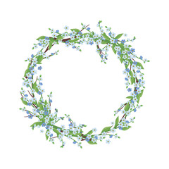Round wreath of blue forget me not flowers. Spring blooming composition or frame with buds and leaves. Festive decoration for wedding, holiday, postcard and design. Vector flat illustration