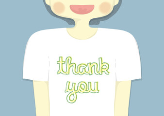 The man wear white T-shirt sceen text " thank you"  on blue color background. This illustration for card, print  to show the emotion of big thank you.