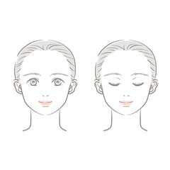 イラスト素材:女性の顔セット（正面/二重/まとめ髪/上半身）やさしい色合いの上品な手描きタッチ
